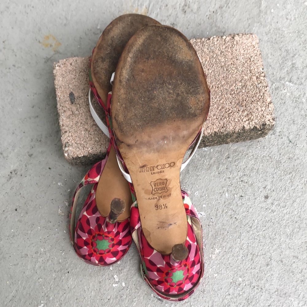 Jimmy Choo Red Floral Slingback Heels with White Bow - Picture 7 of 7
